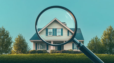 A magnifying glass over a photo of a house, symbolizing careful scrutiny during house huntingの素材