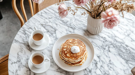 A marble dining table with a cozy brunch setup, featuring pancakes and coffee cupsの素材