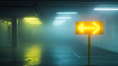 A neon yellow one-way arrow sign glowing softly in a foggy, dimly lit parking garageの素材