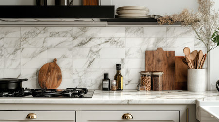 A marble countertop in a high-end kitchen with cooking utensils and ingredients nearbyの素材