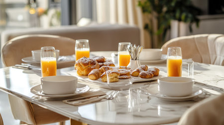 A luxurious marble dining table set for breakfast, with fresh pastries and juice glassesの素材