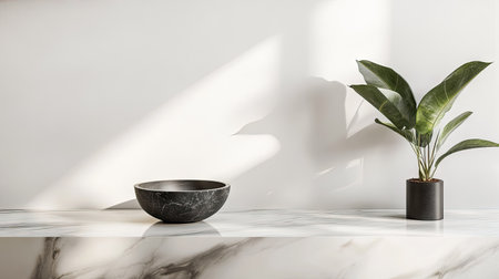A marble table with a decorative bowl and a stylish plant in a clean, minimalist spaceの素材