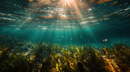 A peaceful underwater view with sunlight and bubbles adding texture to the deep blue oceanの素材
