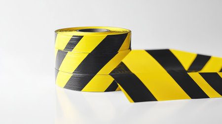 A roll of yellow and black barricade tape unspooling on a clean white surfaceの素材