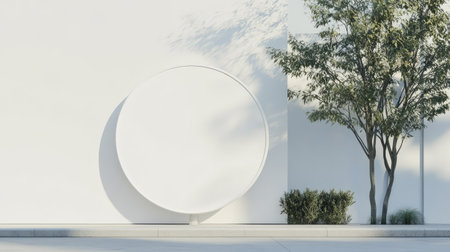 A round signboard mockup with a white background displayed on a minimalistic urban cornerの素材