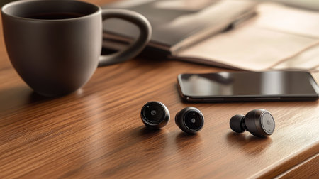 A pair of stylish earphones plugged into a smartphone on a wooden desk, with a coffee cup nearbyの素材