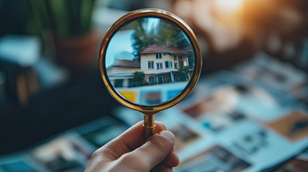 A person holding a magnifying glass and searching for the perfect house in a stack of real estate brochuresの素材