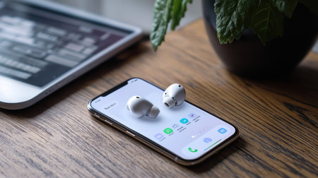A pair of earphones placed on a smartphone screen displaying a podcast appの素材