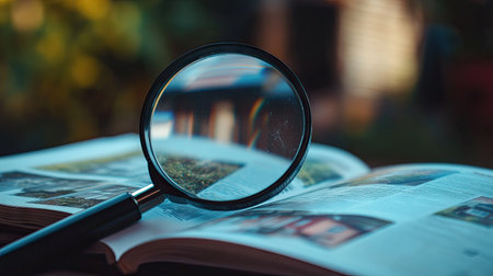 A magnifying glass on a home design catalog, exploring house options for a new purchaseの素材