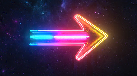 A glowing neon rainbow one-way arrow sign standing out against a starry night sky backdropの素材