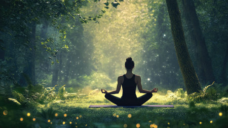 A person meditating on a yoga mat surrounded by nature in a forest clearingの素材