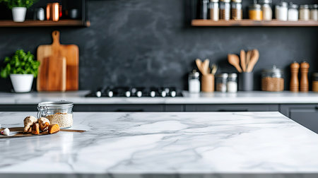 A marble countertop in a high-end kitchen with cooking utensils and ingredients nearbyの素材