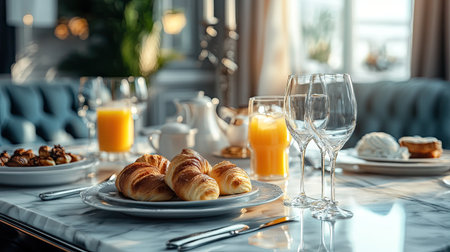 A luxurious marble dining table set for breakfast, with fresh pastries and juice glassesの素材