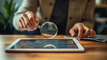 A person using a magnifying glass to examine property listings on a tablet screenの素材