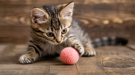 A kitten happily playing with a small toy ball, its fur in motion, as it engages in an adorable moment of fun.の素材