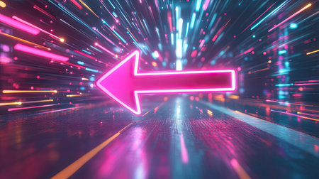 A neon pink one-way arrow pointing to the left, surrounded by colorful abstract light trailsの素材
