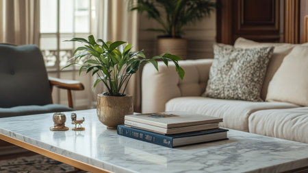 A marble coffee table in a living room with decorative books and a potted plantの素材