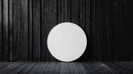A round signboard mockup with a white background, standing out against a dark wooden backdropの素材