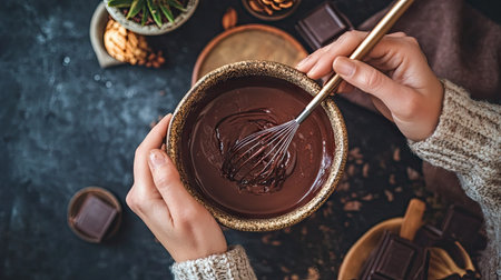 A person holding a bowl of warm melted chocolate and a whisk, getting ready for a chocolate dipの素材