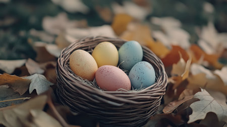 A rustic wicker basket holding Easter eggs dyed in natural hues with surrounding leavesの素材