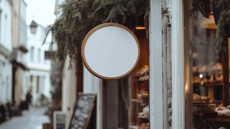 A round signboard with a white background hanging outside a vintage bakery storefrontの素材