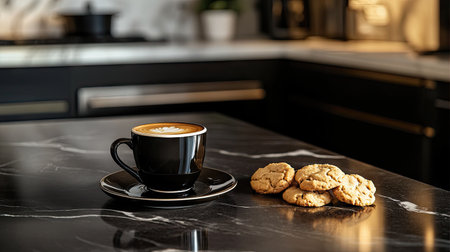 A rich cup of black coffee paired with a selection of homemade cookies on a stylish kitchen countertopの素材
