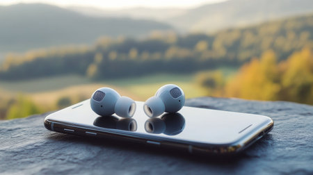 A pair of wireless earphones on a smartphone with a landscape view in the backgroundの素材
