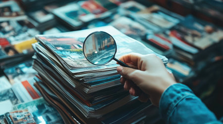 A person holding a magnifying glass and searching for the perfect house in a stack of real estate brochuresの素材