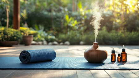 A relaxing scene of a yoga mat with essential oils and a diffuser set on the sideの素材