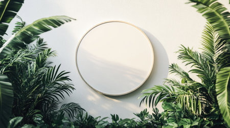 A round signboard mockup on a white wall, surrounded by lush green plants for an eco-friendly vibeの素材