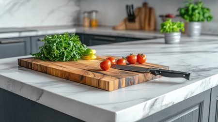 A modern marble kitchen countertop with a cutting board, knife, and fresh ingredientsの素材
