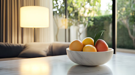 A polished marble table with a bowl of colorful fruits and a modern table lampの素材