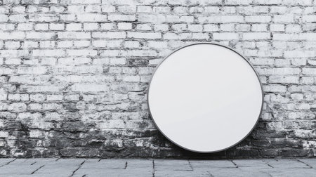 A round signboard mockup with a clean white background, placed on a textured brick wallの素材