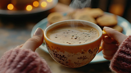 A hand holding a steaming cup of coffee with a plate of cookies in the background, creating a cozy vibeの素材