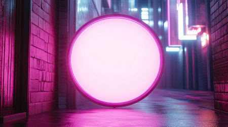 A round signboard mockup with a white background, illuminated by soft neon lights in an urban settingの素材