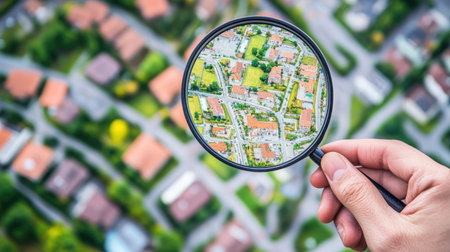 A hand holding a magnifying glass above a property map, signifying a search for a new homeの素材