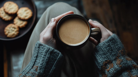 A pair of hands holding a coffee cup with a few cookies on the side, creating a relaxing atmosphereの素材