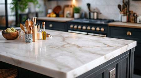A marble countertop in a high-end kitchen with cooking utensils and ingredients nearbyの素材