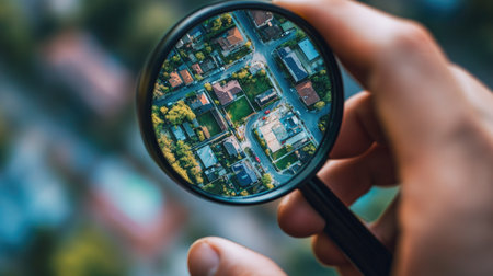A person using a magnifying glass to closely examine house features on a smartphone screenの素材