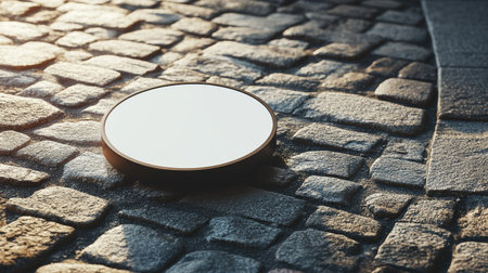 A round signboard mockup with a white background, positioned on a cobblestone street cornerの素材