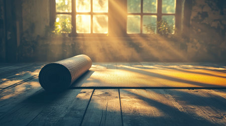 A rolled-up yoga mat placed on a wooden floor with natural light streaming inの素材
