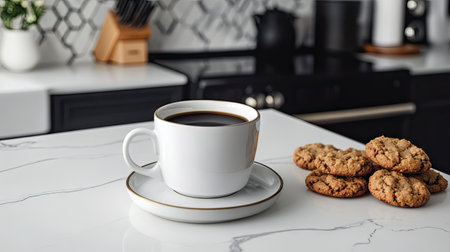 A rich cup of black coffee paired with a selection of homemade cookies on a stylish kitchen countertopの素材