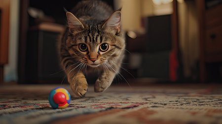 A playful cat chasing a colorful toy on the floor, with a look of excitement in its eyes, showcasing its agility and curiosity.の素材