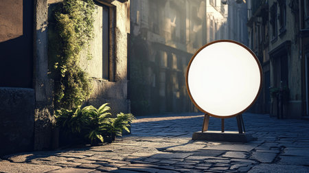 A round signboard mockup with a white background, positioned on a cobblestone street cornerの素材