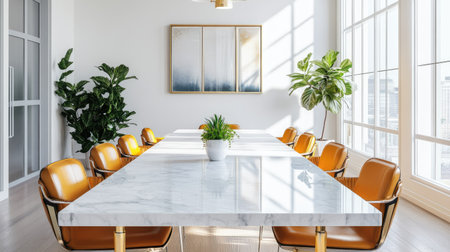 A marble conference table with sleek chairs in a bright, modern office spaceの素材
