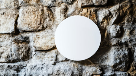 A round signboard mockup with a white background, placed on a textured stone wall for an elegant lookの素材
