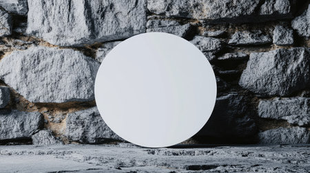 A round signboard mockup with a white background, placed on a textured stone wall for an elegant lookの素材