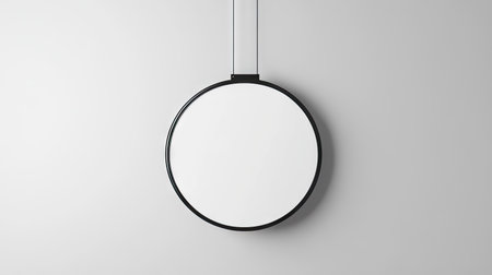 A round signboard mockup with a white background, suspended from a sleek black metal bracketの素材