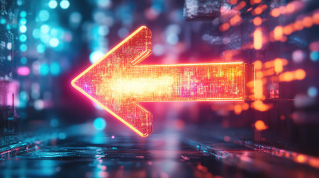A neon one-way arrow sign integrated into a digital-themed environment with holographic effectsの素材