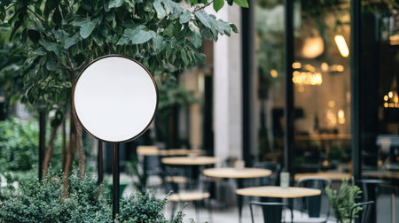 A round signboard with a white background, mounted on a pole in front of a modern cafの素材